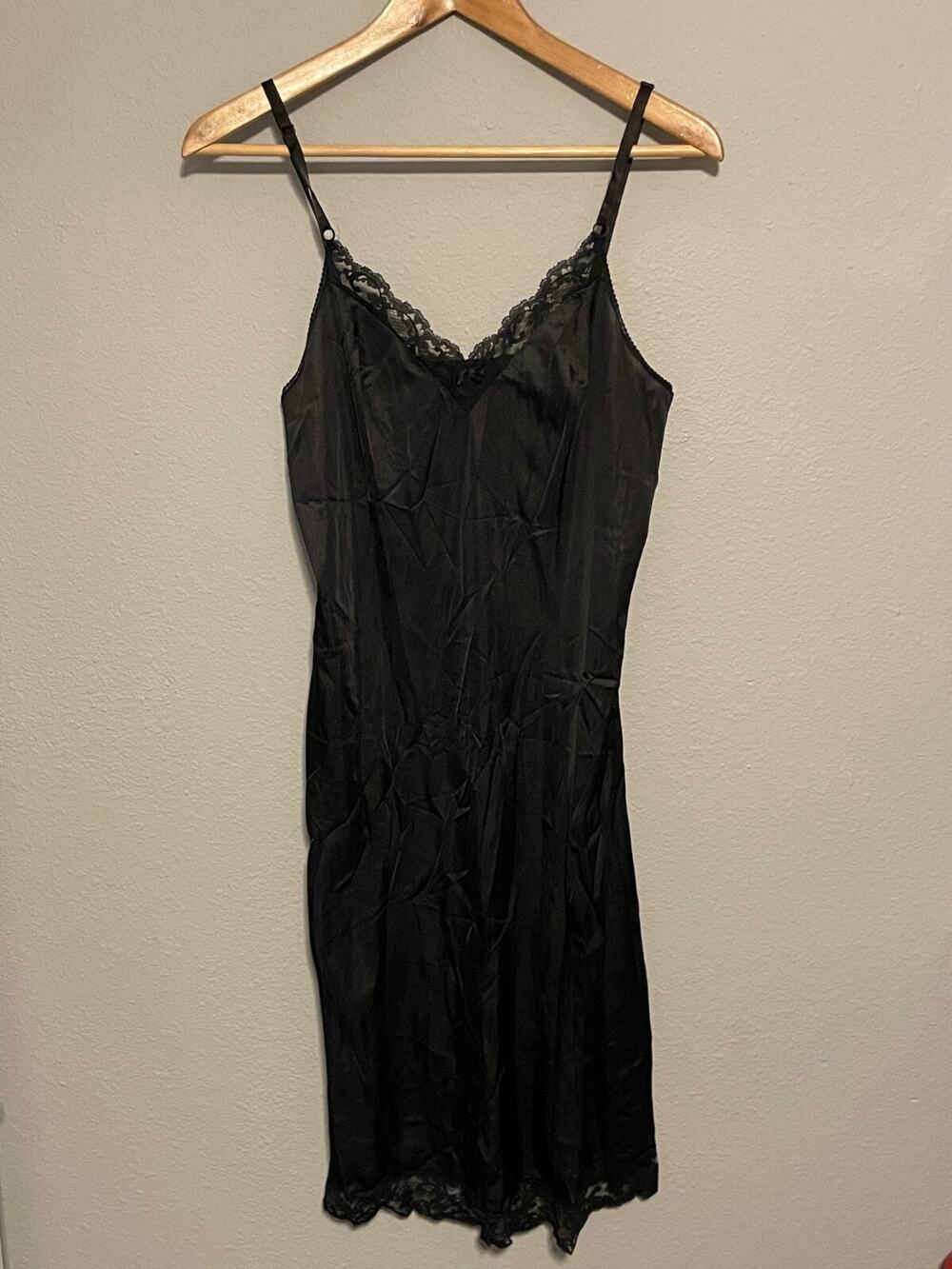 Vintage Womens Slip Dress Size 36 US Small Black Satin Lace Trim Romantic 70s